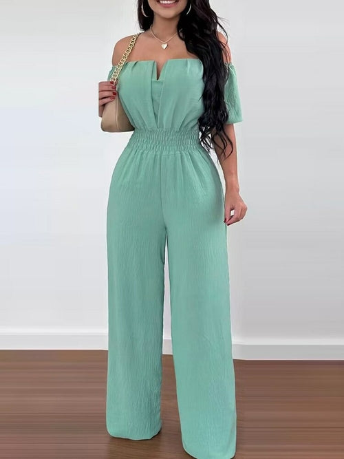 Off Shoulder Shirred Waist Jumpsuit - Horizon Bliss