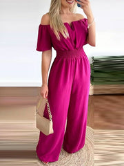 Off Shoulder Shirred Waist Jumpsuit - Horizon Bliss