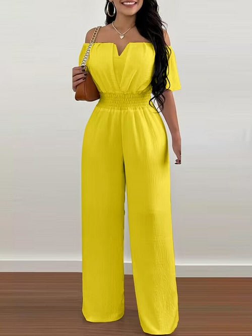 Off Shoulder Shirred Waist Jumpsuit - Horizon Bliss