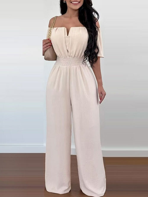 Off Shoulder Shirred Waist Jumpsuit - Horizon Bliss