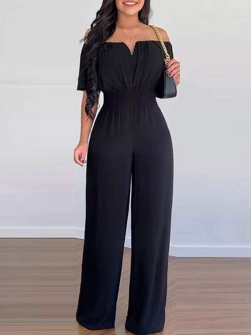 Off Shoulder Shirred Waist Jumpsuit - Horizon Bliss