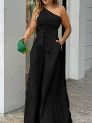 One Shoulder Sleeveless Wide Leg Jumpsuit - Horizon Bliss