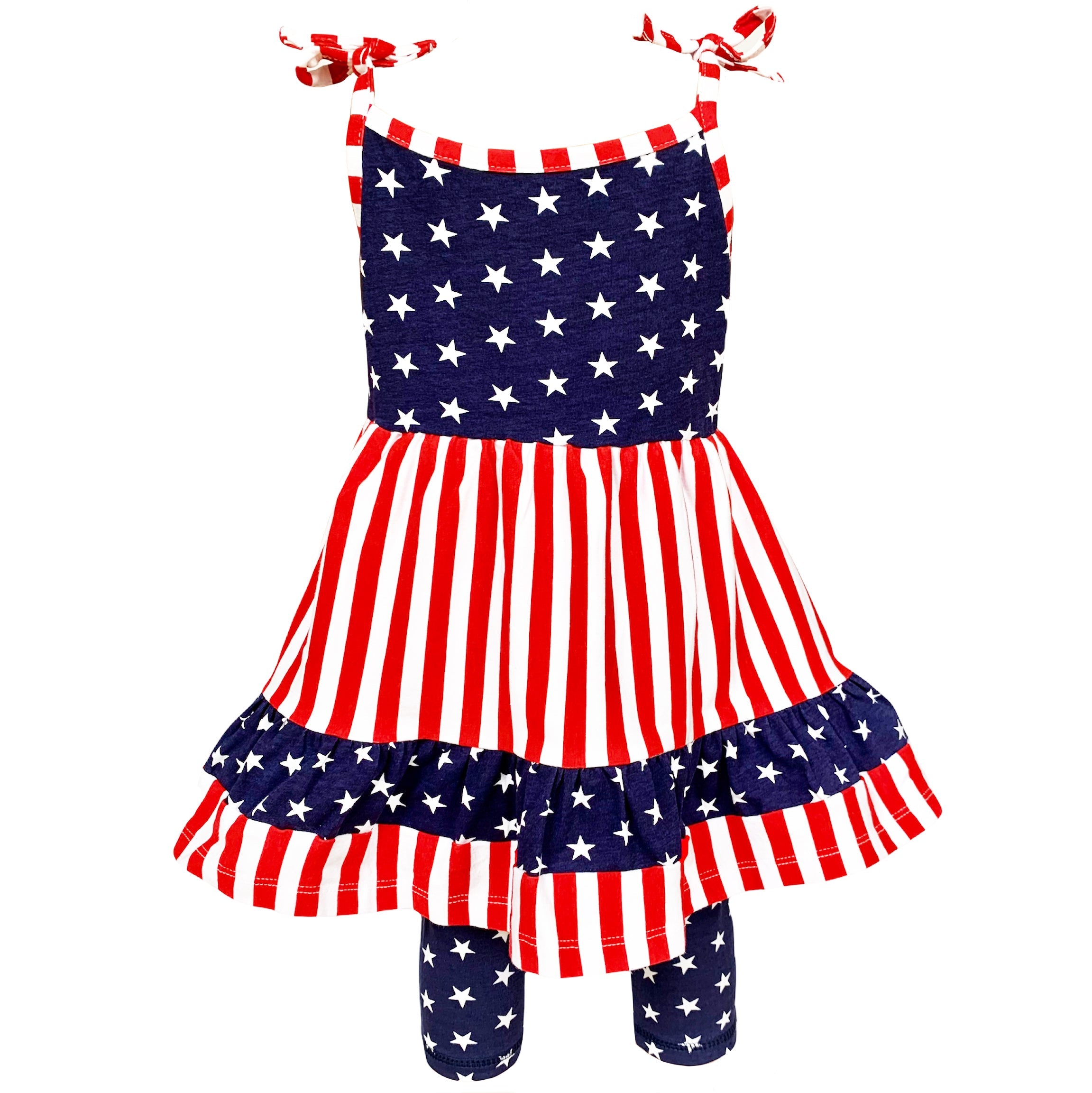 AnnLoren Girls 4th of July Stars & Striped Dress & Capri Leggings - Horizon Bliss