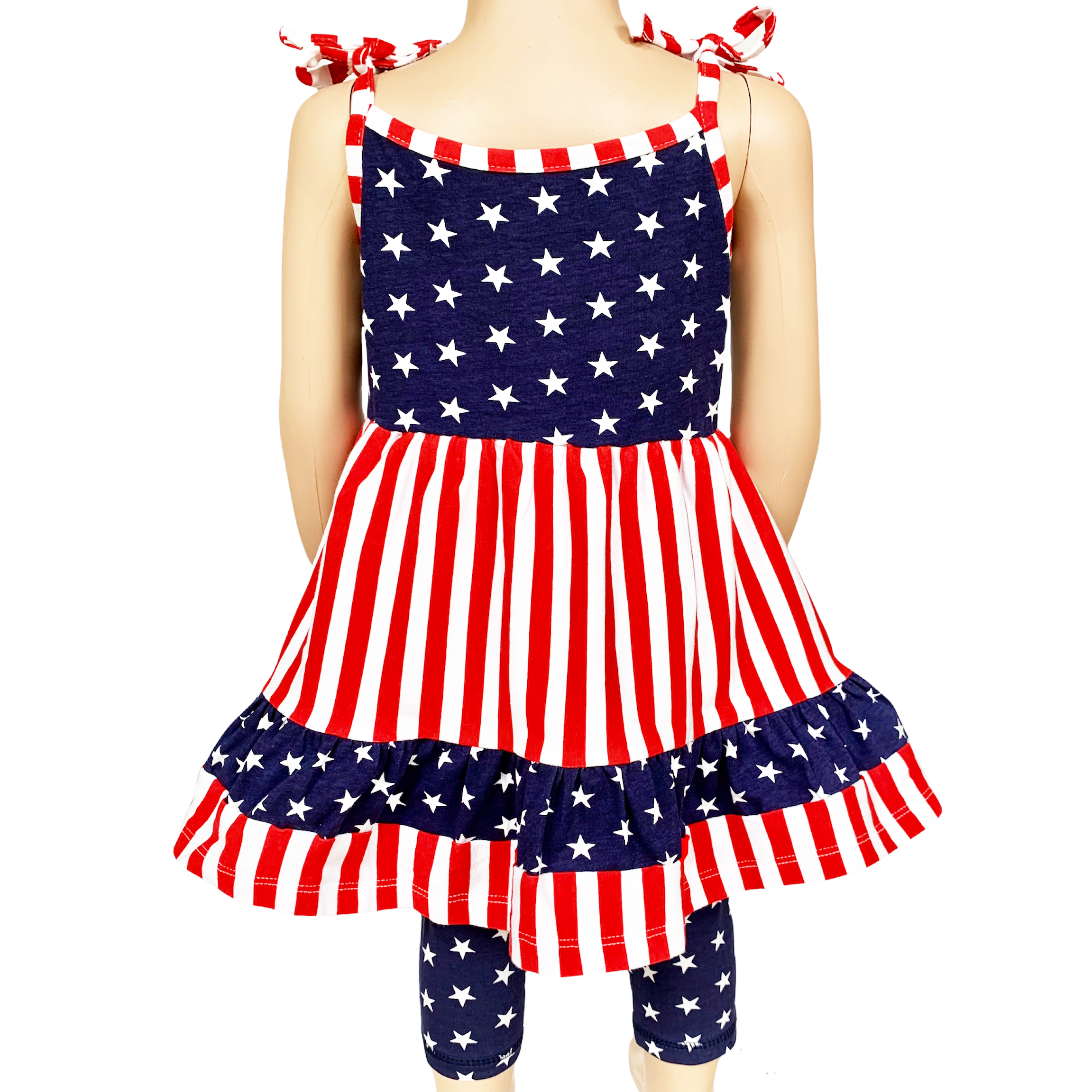 AnnLoren Girls 4th of July Stars & Striped Dress & Capri Leggings - Horizon Bliss