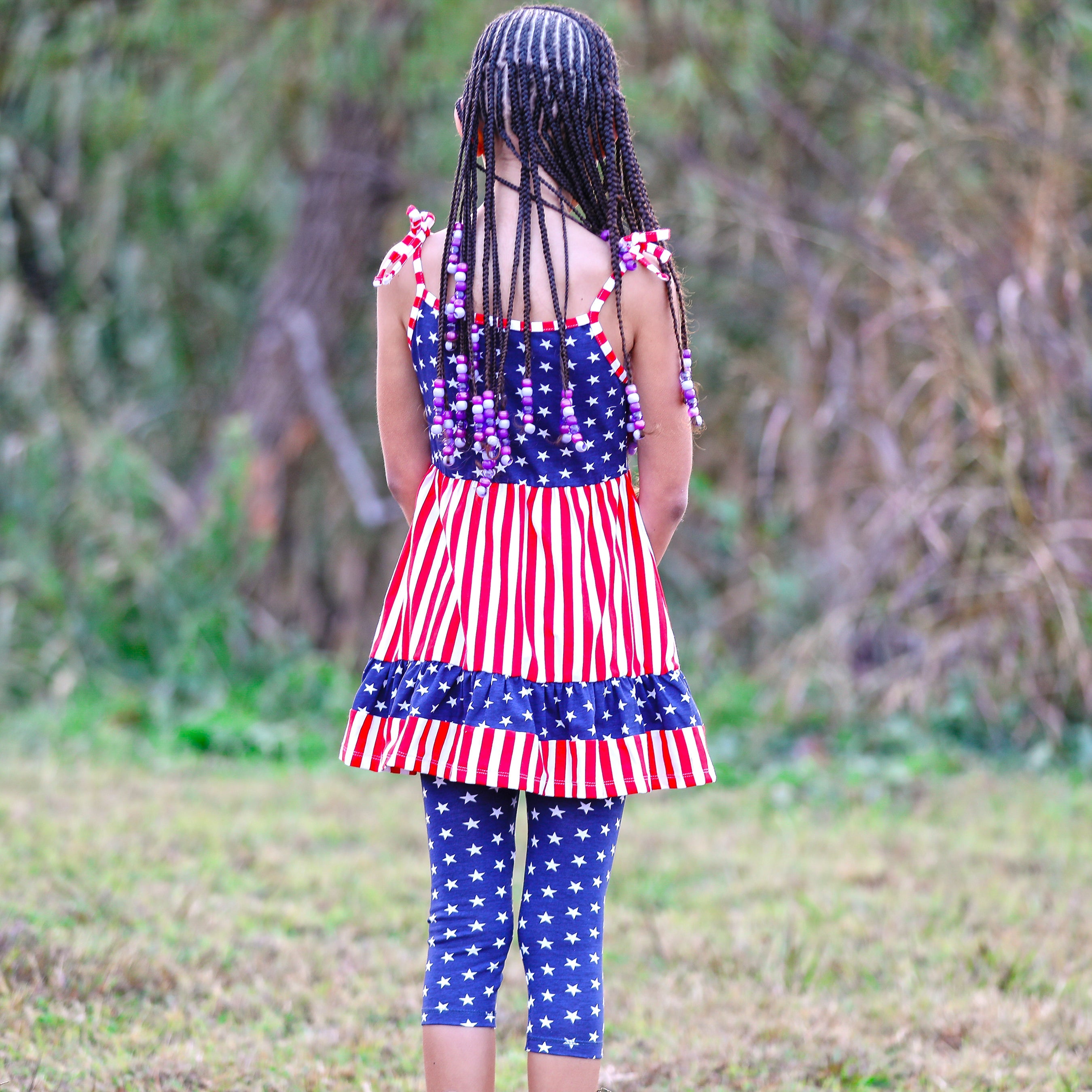 AnnLoren Girls 4th of July Stars & Striped Dress & Capri Leggings - Horizon Bliss