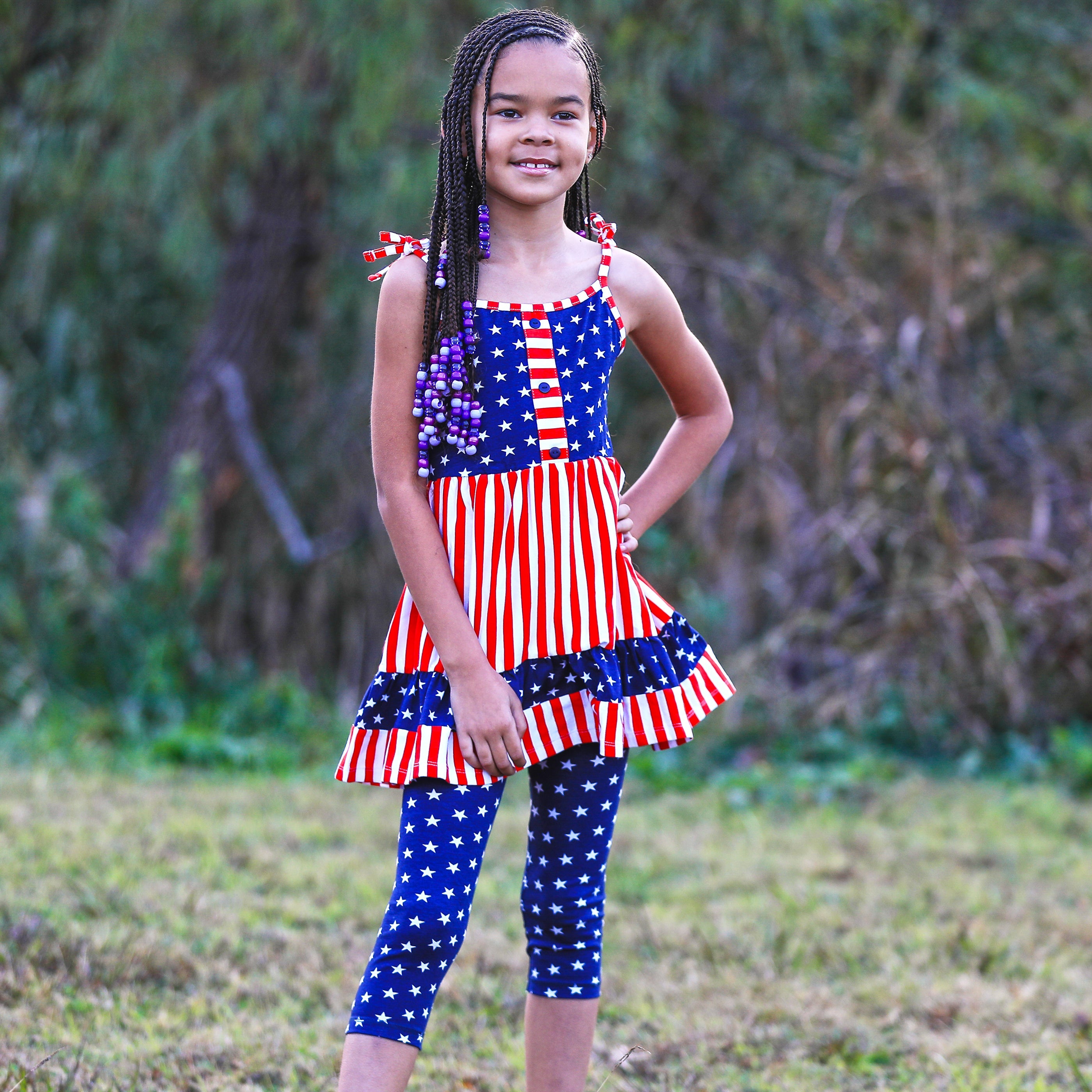 AnnLoren Girls 4th of July Stars & Striped Dress & Capri Leggings - Horizon Bliss