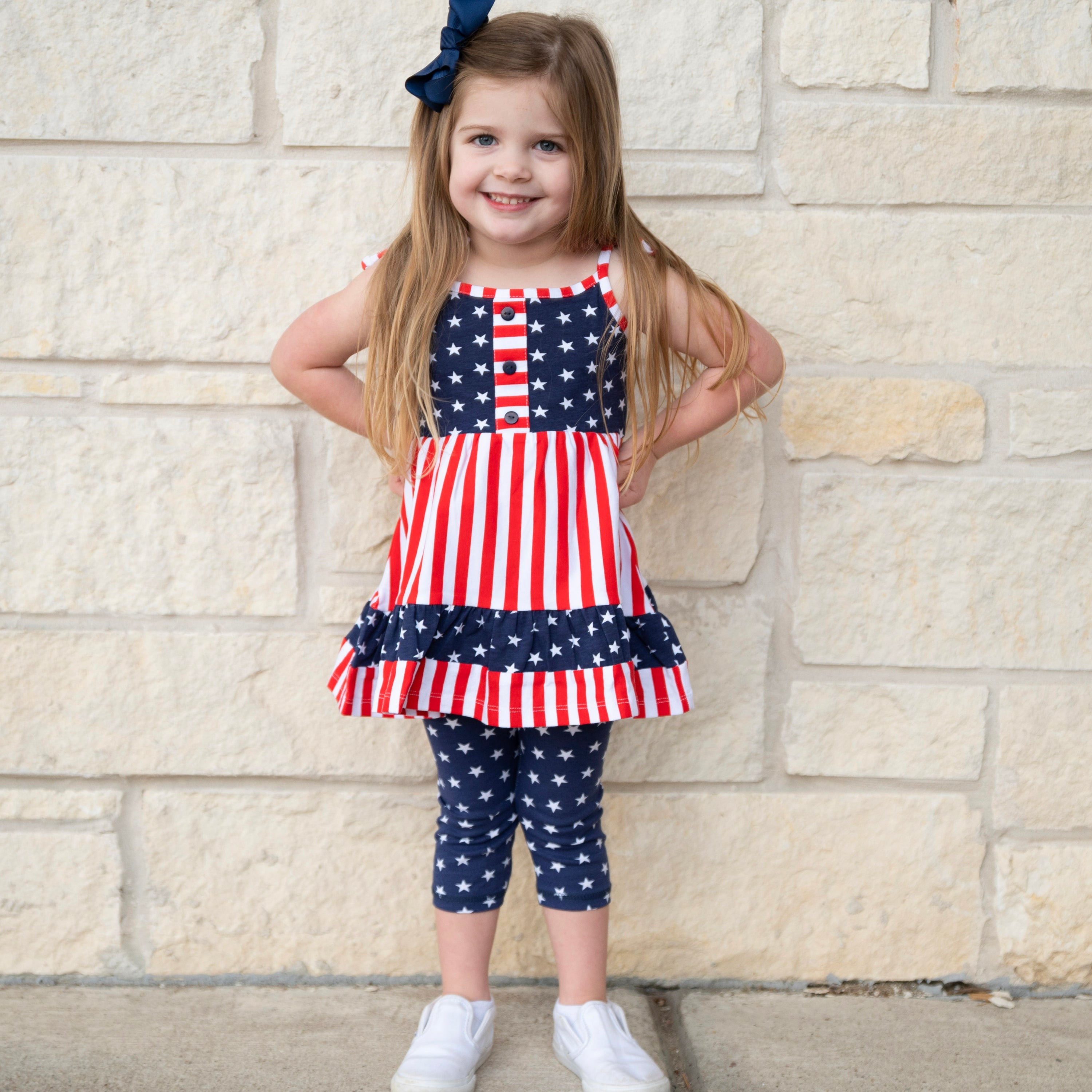 AnnLoren Girls 4th of July Stars & Striped Dress & Capri Leggings - Horizon Bliss