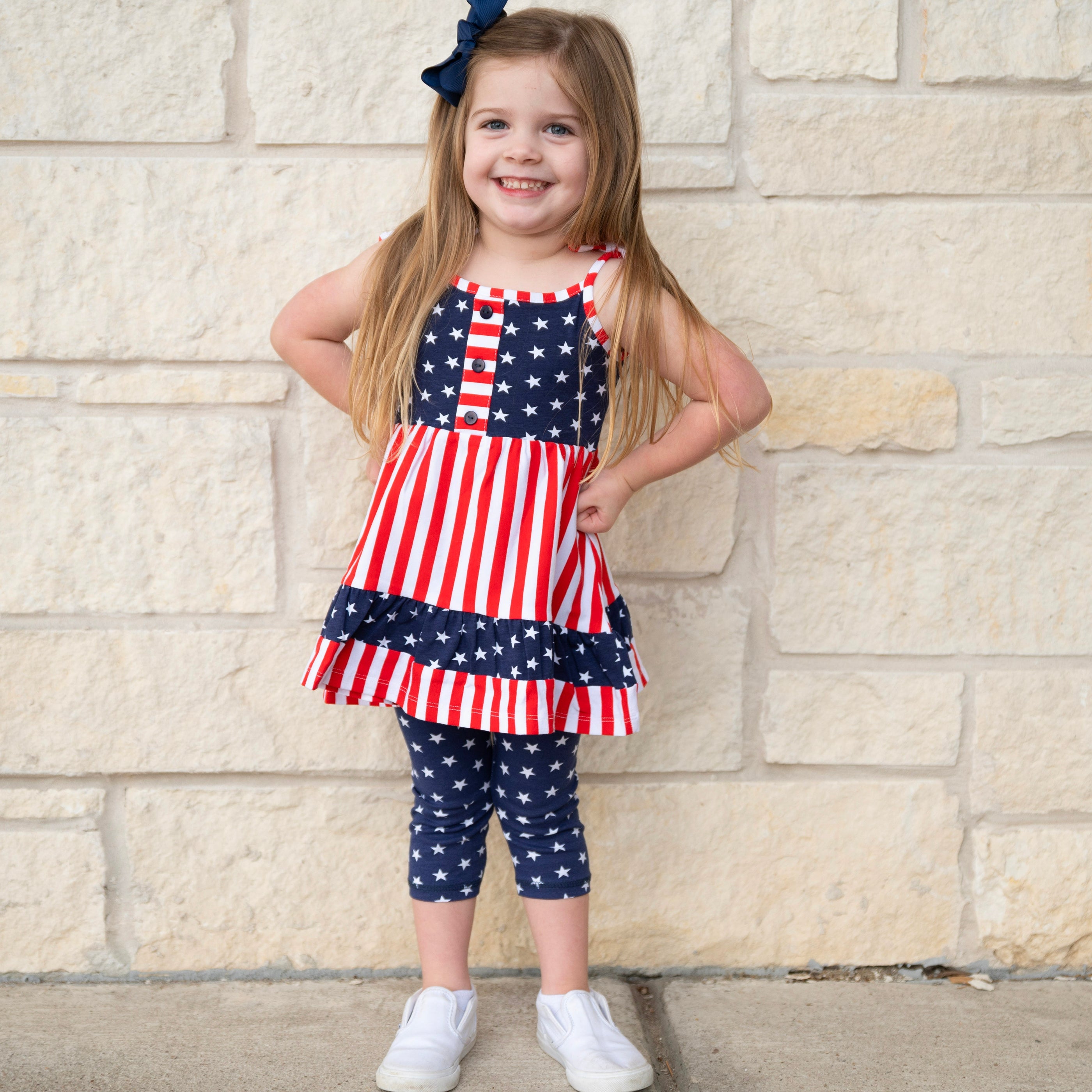 AnnLoren Girls 4th of July Stars & Striped Dress & Capri Leggings - Horizon Bliss