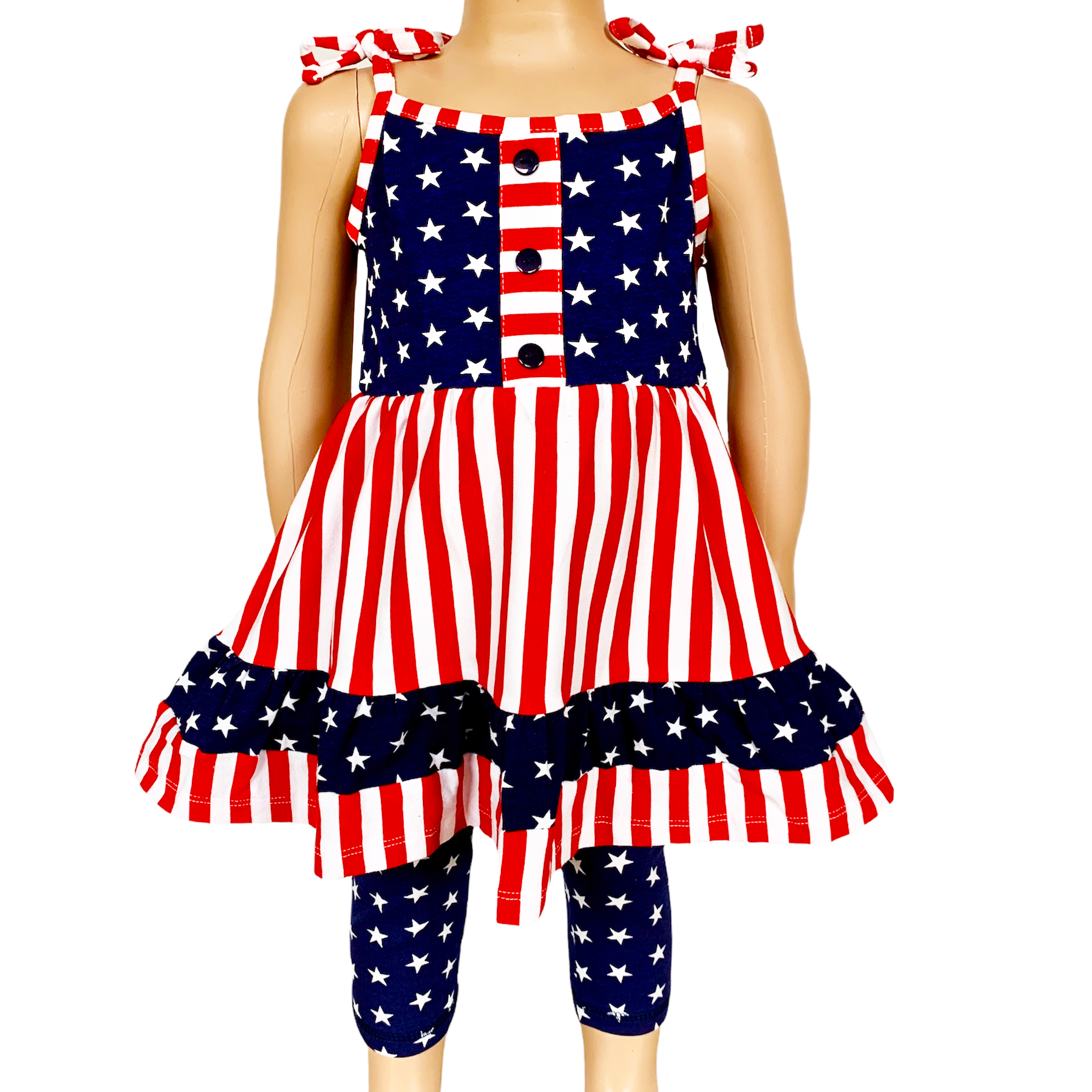 AnnLoren Girls 4th of July Stars & Striped Dress & Capri Leggings - Horizon Bliss