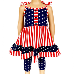 AnnLoren Girls 4th of July Stars & Striped Dress & Capri Leggings - Horizon Bliss