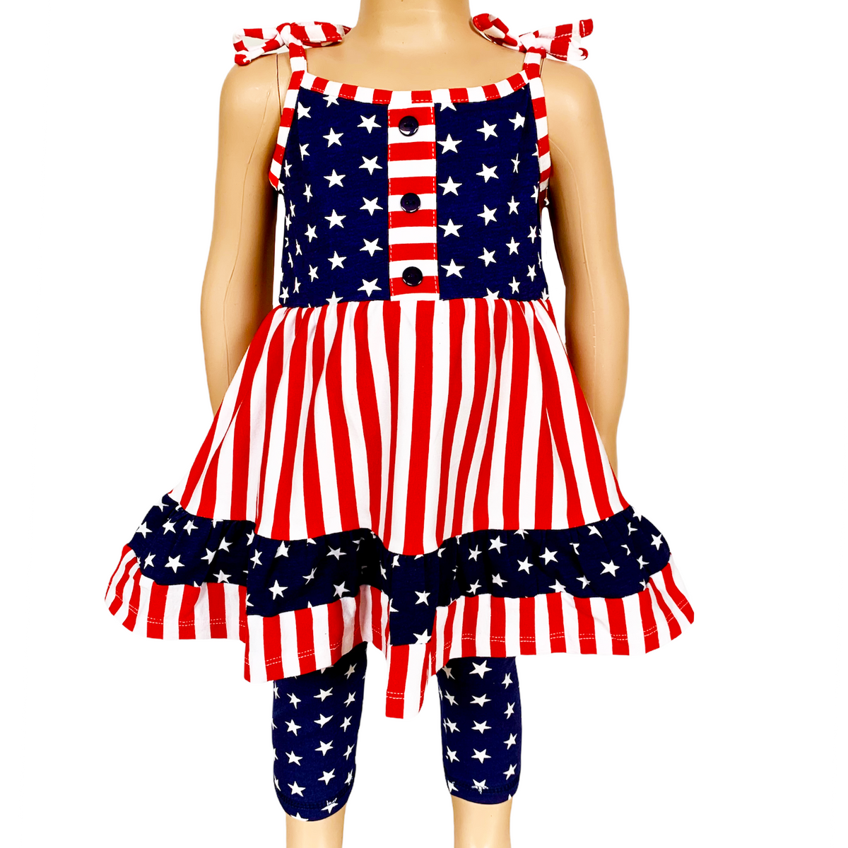 AnnLoren Girls 4th of July Stars & Striped Dress & Capri Leggings - Horizon Bliss