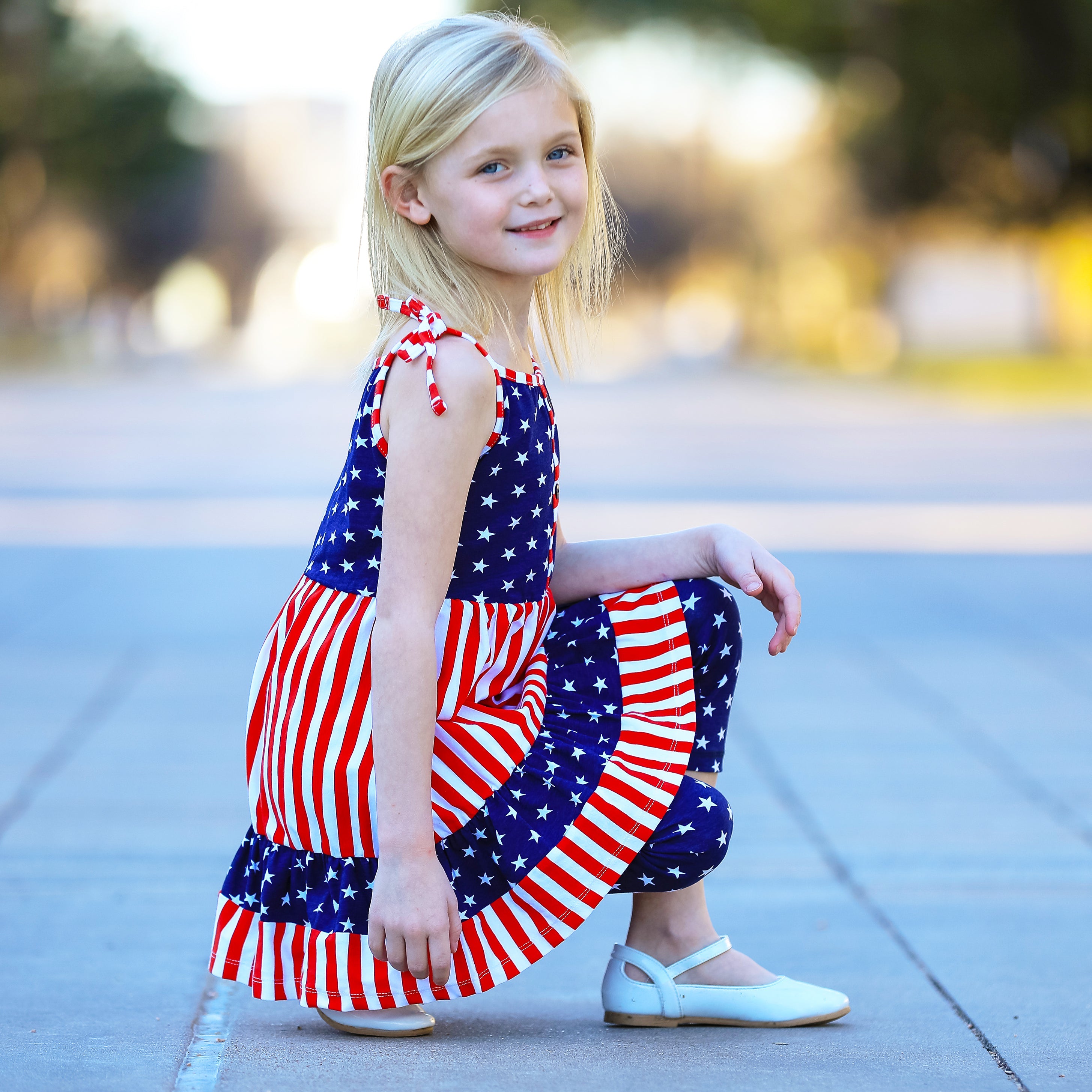 AnnLoren Girls 4th of July Stars & Striped Dress & Capri Leggings - Horizon Bliss