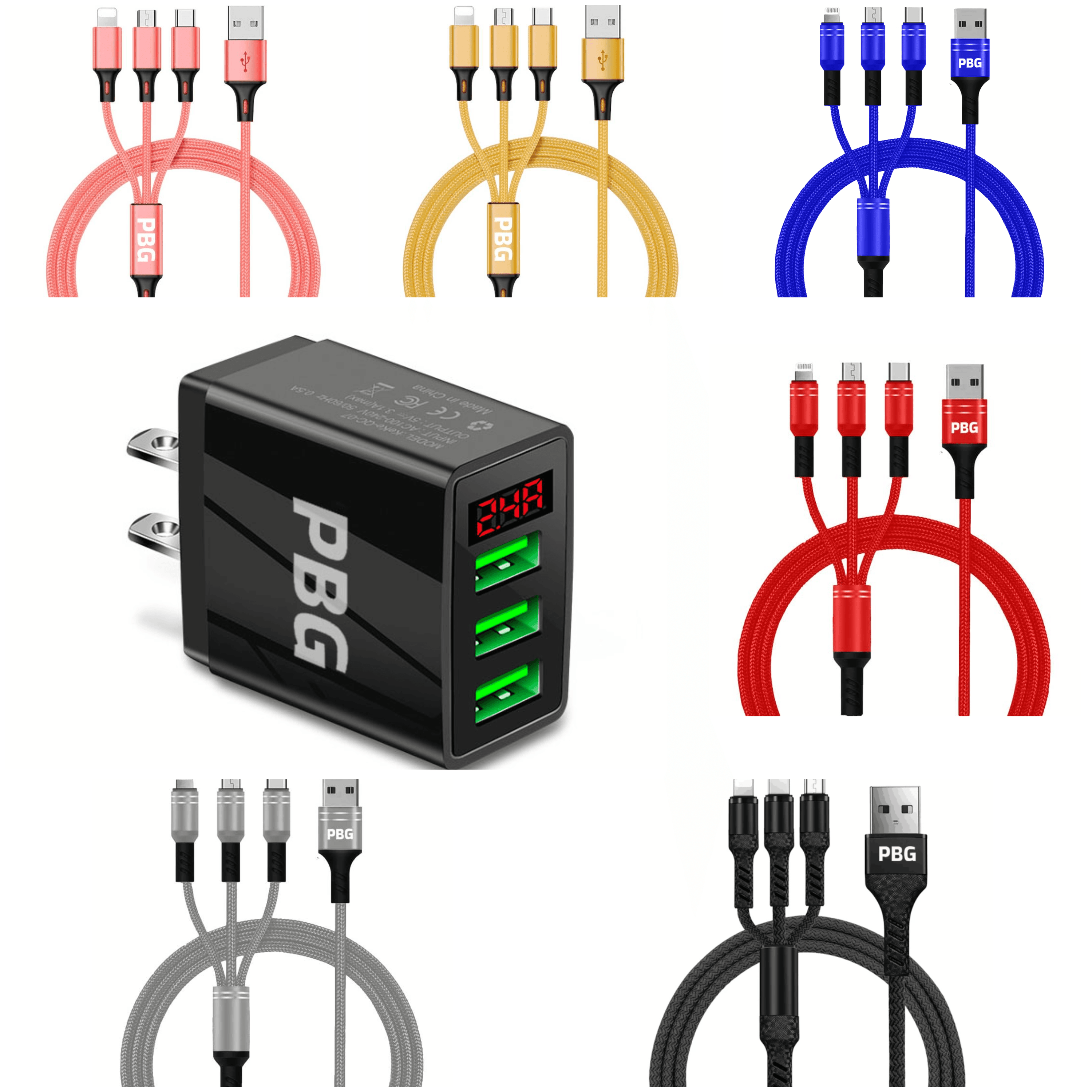 PBG 3 port LED Display Wall Charger  and 3 in 1 Cable Bundle - Horizon Bliss