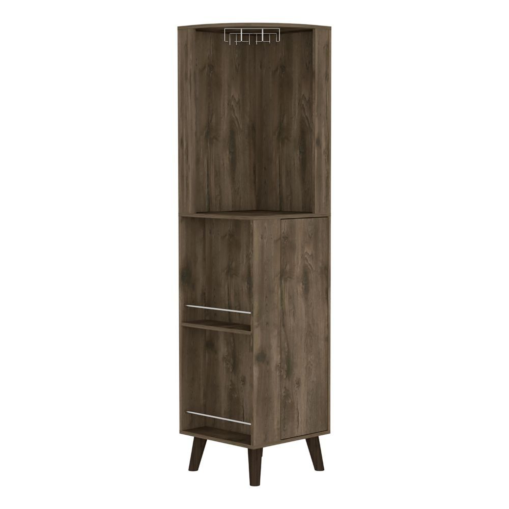 Corner Bar Cabinet Plex, Cup Rack, Two External Shelves, Dark Brown - Horizon Bliss