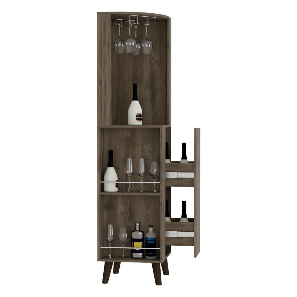 Corner Bar Cabinet Plex, Cup Rack, Two External Shelves, Dark Brown - Horizon Bliss