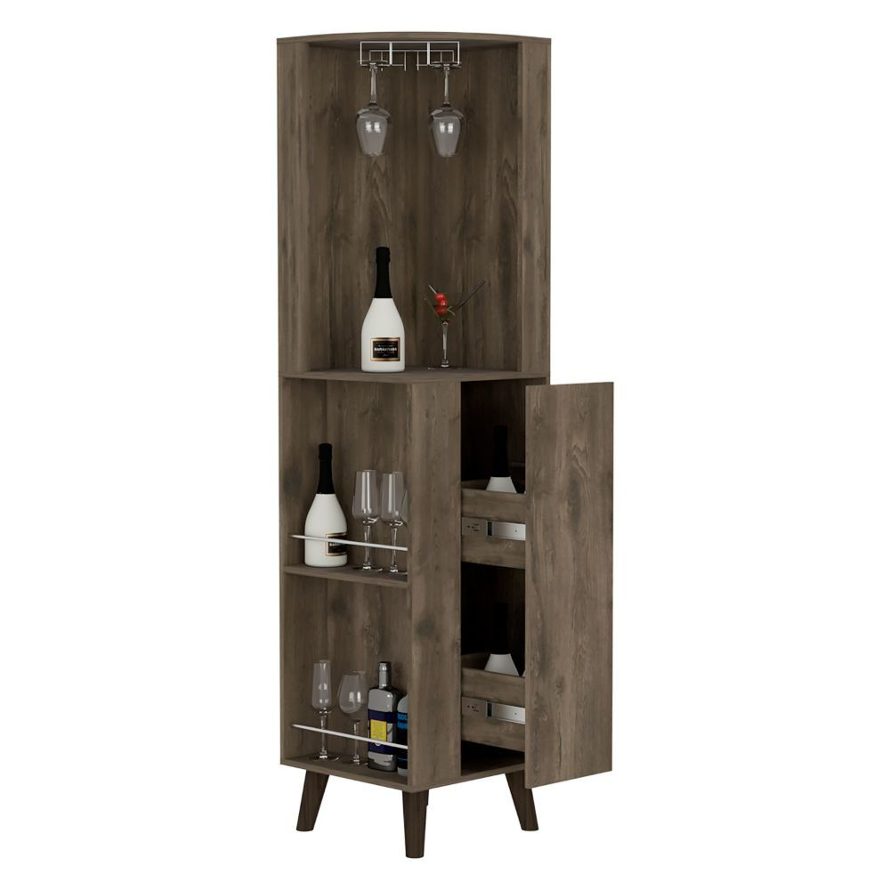 Corner Bar Cabinet Plex, Cup Rack, Two External Shelves, Dark Brown - Horizon Bliss