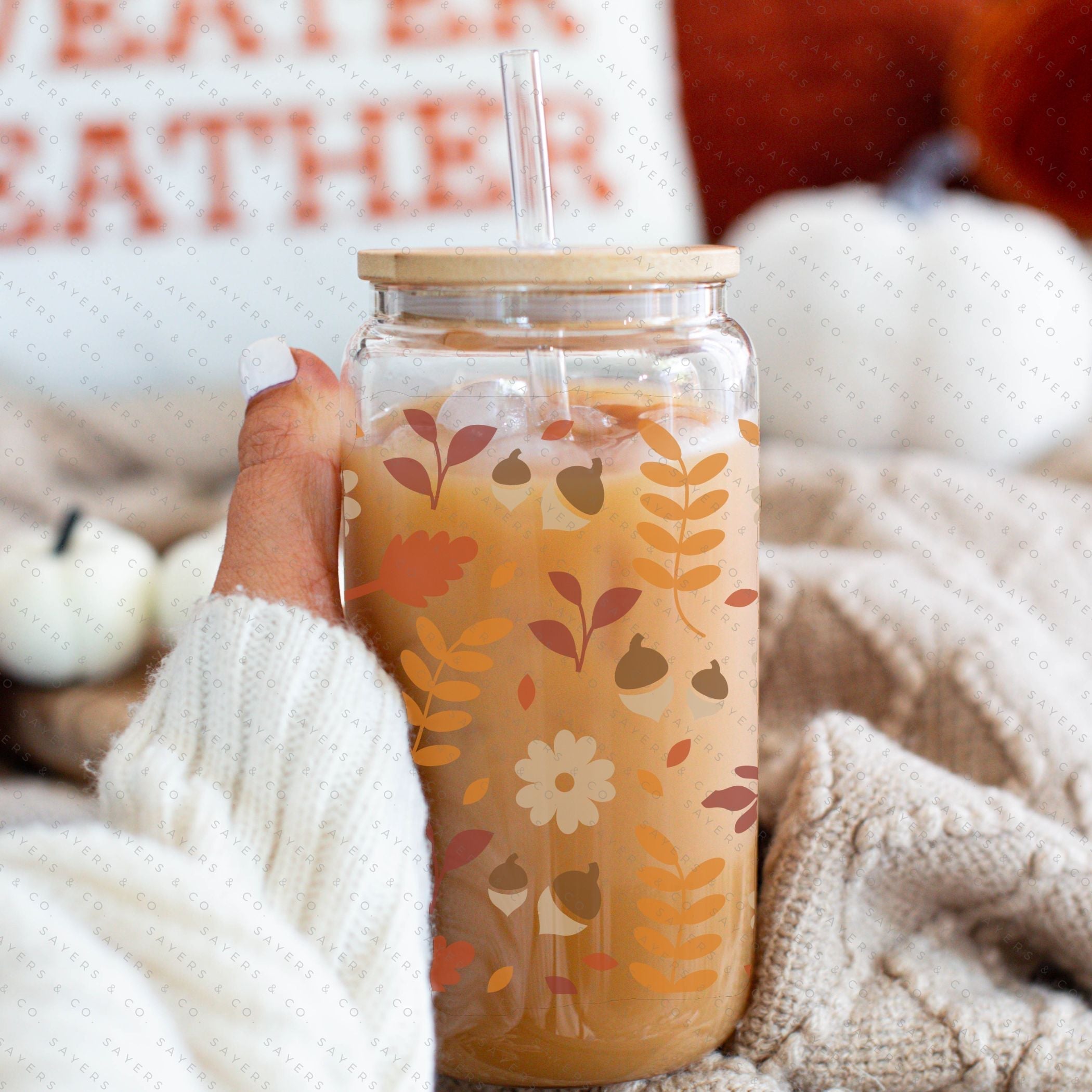 16oz Pumpkin Spiced Fall Glass Cup with Bamboo Lid & Straw #100063