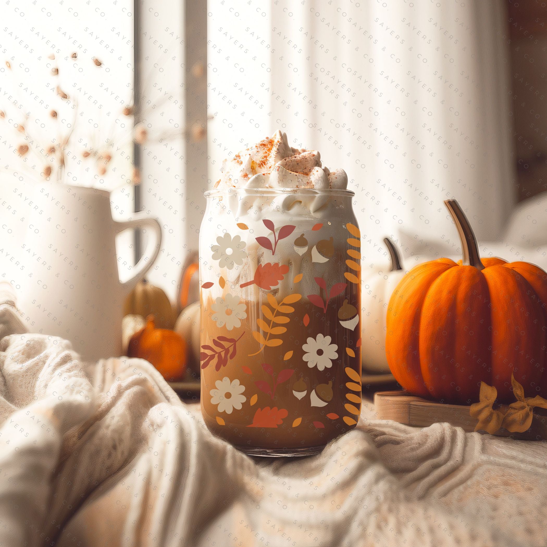 16oz Pumpkin Spiced Fall Glass Cup with Bamboo Lid & Straw #100063