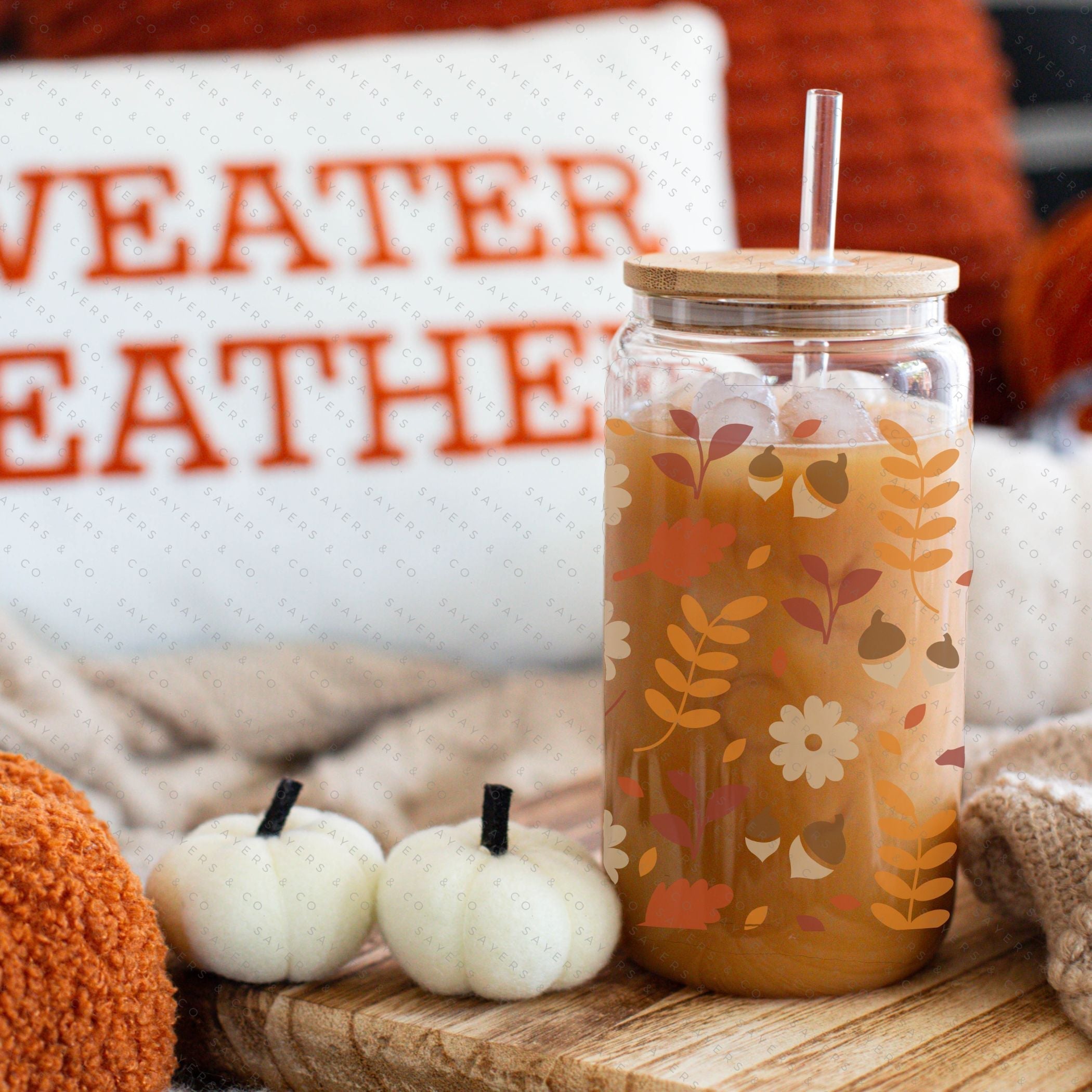 16oz Pumpkin Spiced Fall Glass Cup with Bamboo Lid & Straw #100063