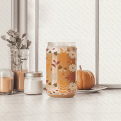 16oz Pumpkin Spiced Fall Glass Cup with Bamboo Lid & Straw #100063