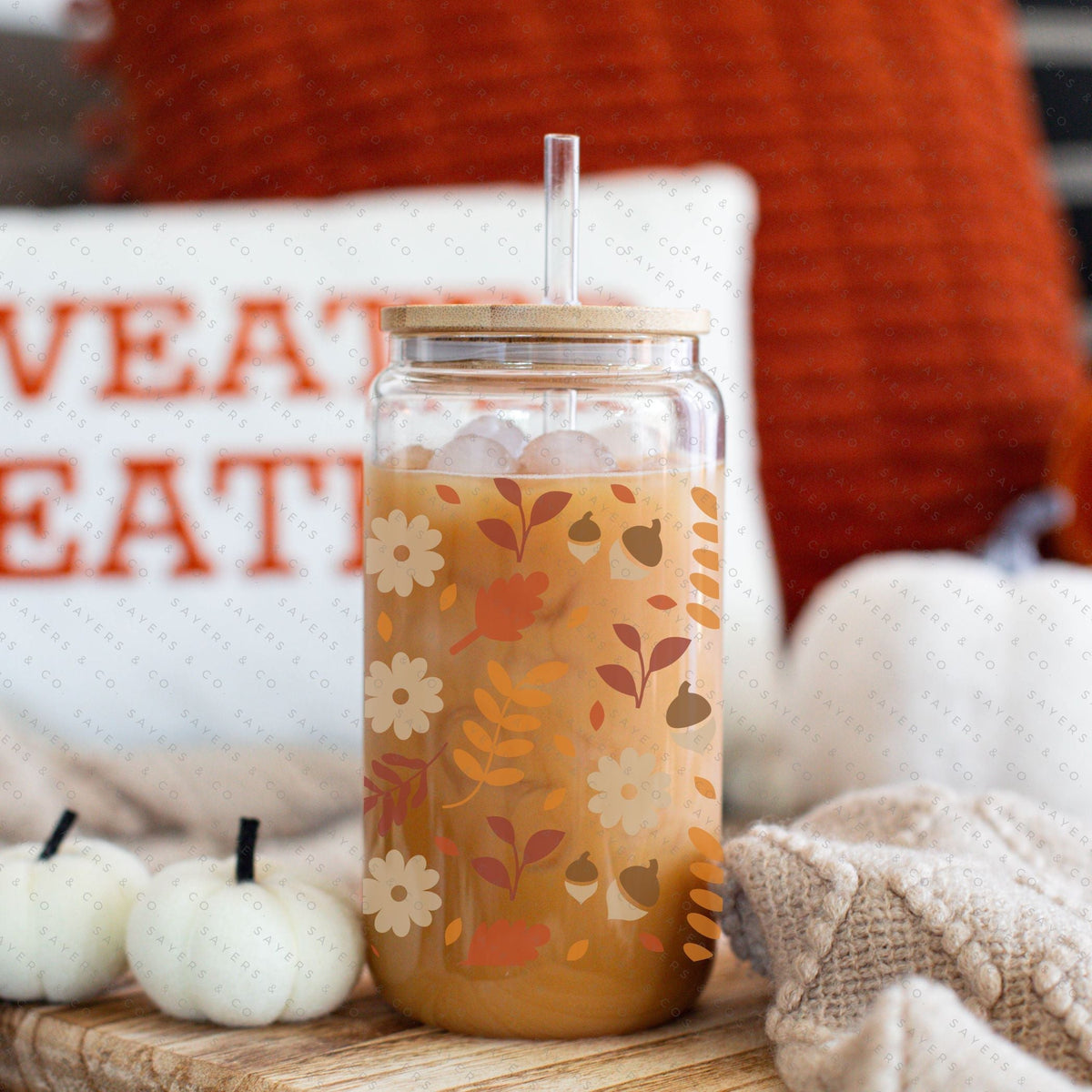 16oz Pumpkin Spiced Fall Glass Cup with Bamboo Lid & Straw #100063