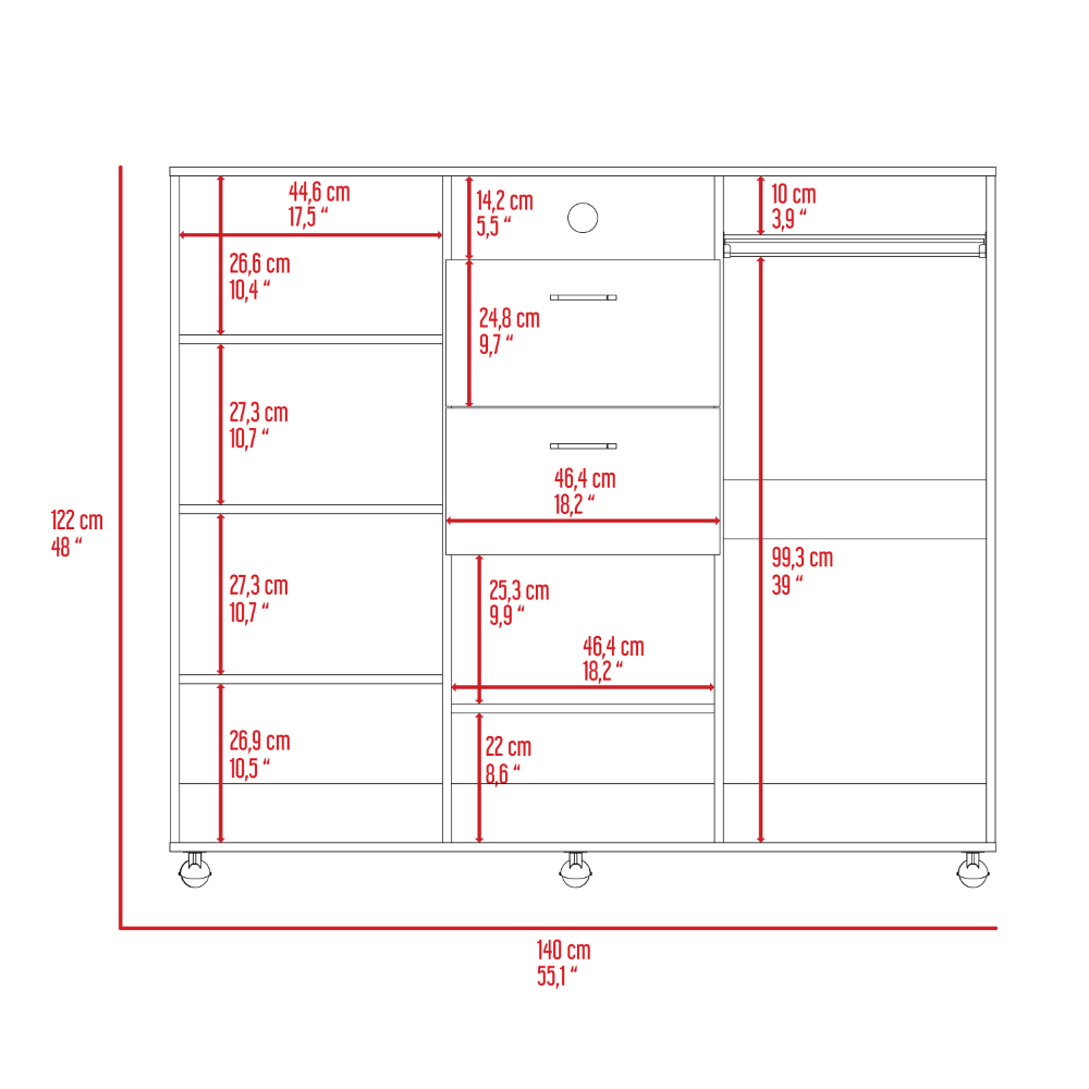 Double Door Cabinet Dresser Quizz, Two Drawers, Single Cabinet, Rod, - Horizon Bliss