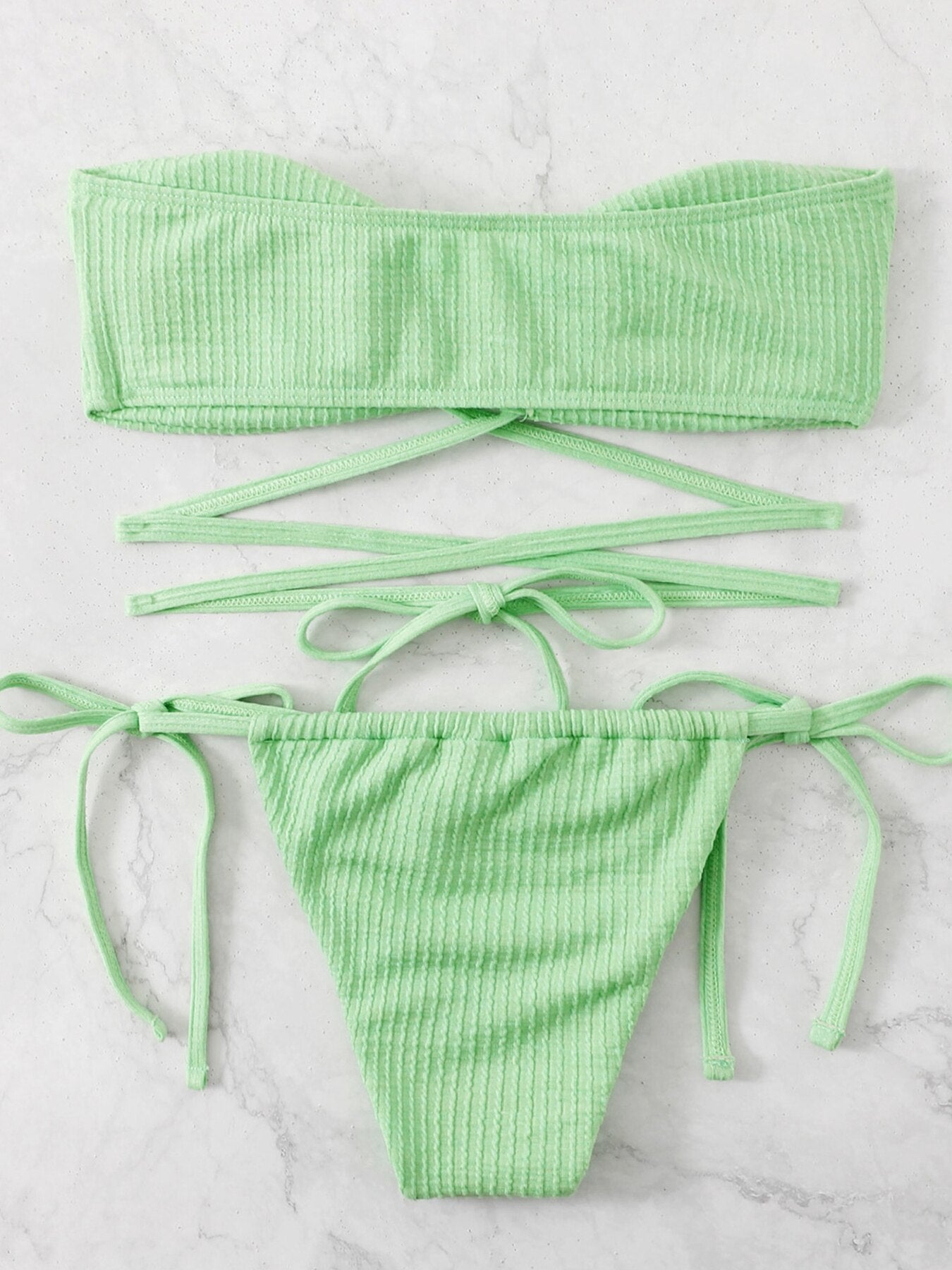 Ribbed Drawstring Strappy Bikini Swimsuit - Horizon Bliss