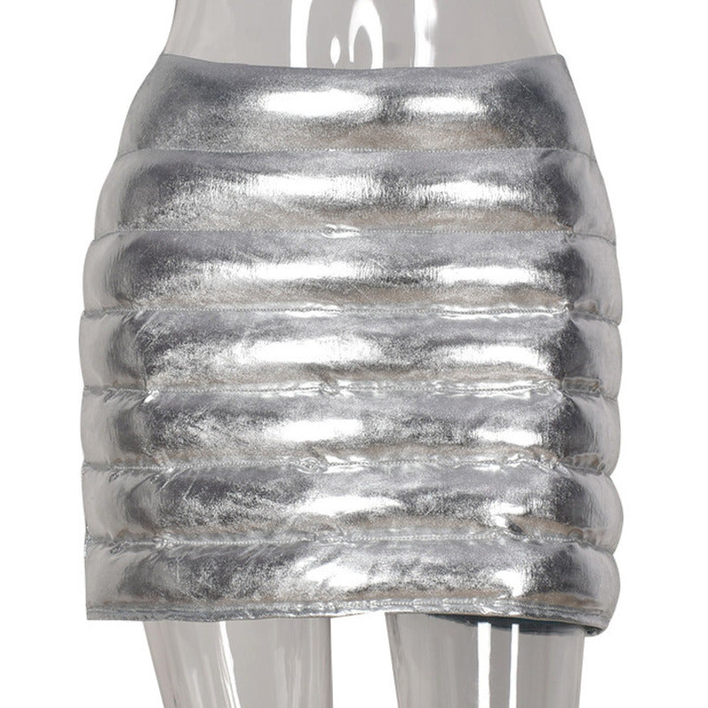 Silver Women's Puffer Skirt Metallic Shiny Solid Warm Quilted Mini - Horizon Bliss