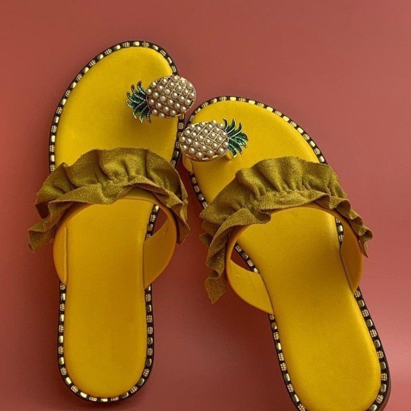 Pineapple Pearl Beach Slides Flat Toe Casual Womens Slippers - Horizon Bliss