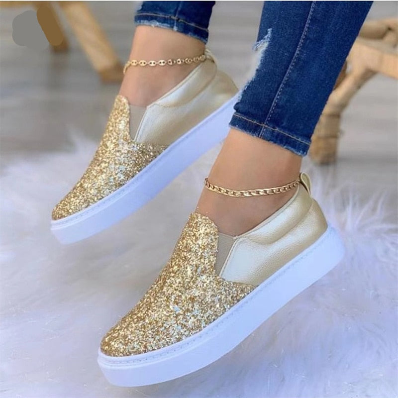 Moccasins Glitter Flat Female Loafers Shoes Rose Gold/Black/Gold - Horizon Bliss