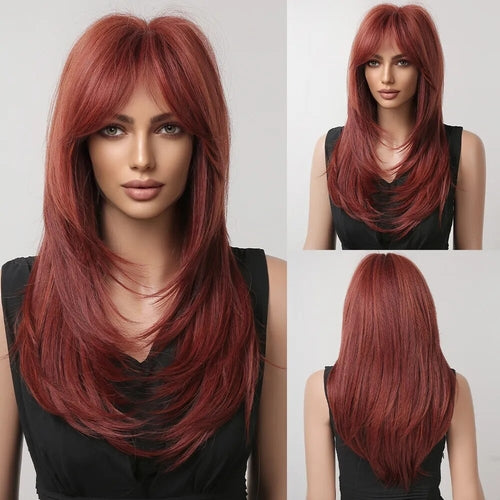 Ombre Red to Black Synthetic Wigs with Bangs Long Straight Layered Wig - Horizon Bliss