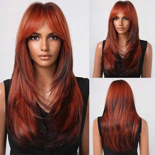 Ombre Red to Black Synthetic Wigs with Bangs Long Straight Layered Wig - Horizon Bliss