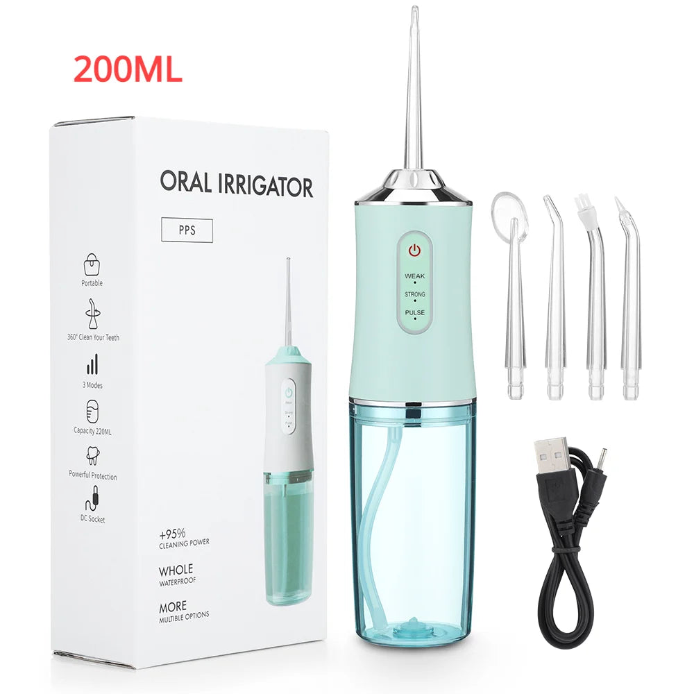 Oral Irrigator Portable Dental Water Flosser USB Rechargeable Water Jet Floss Tooth Pick 4 Jet Tip 220ml 3 Modes IPX7 1400rpm - Horizon Bliss