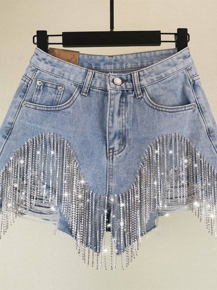 Summer Ripped Jeans Short Femme High Waist Diamond Tassel Y2k Casual - Horizon Bliss