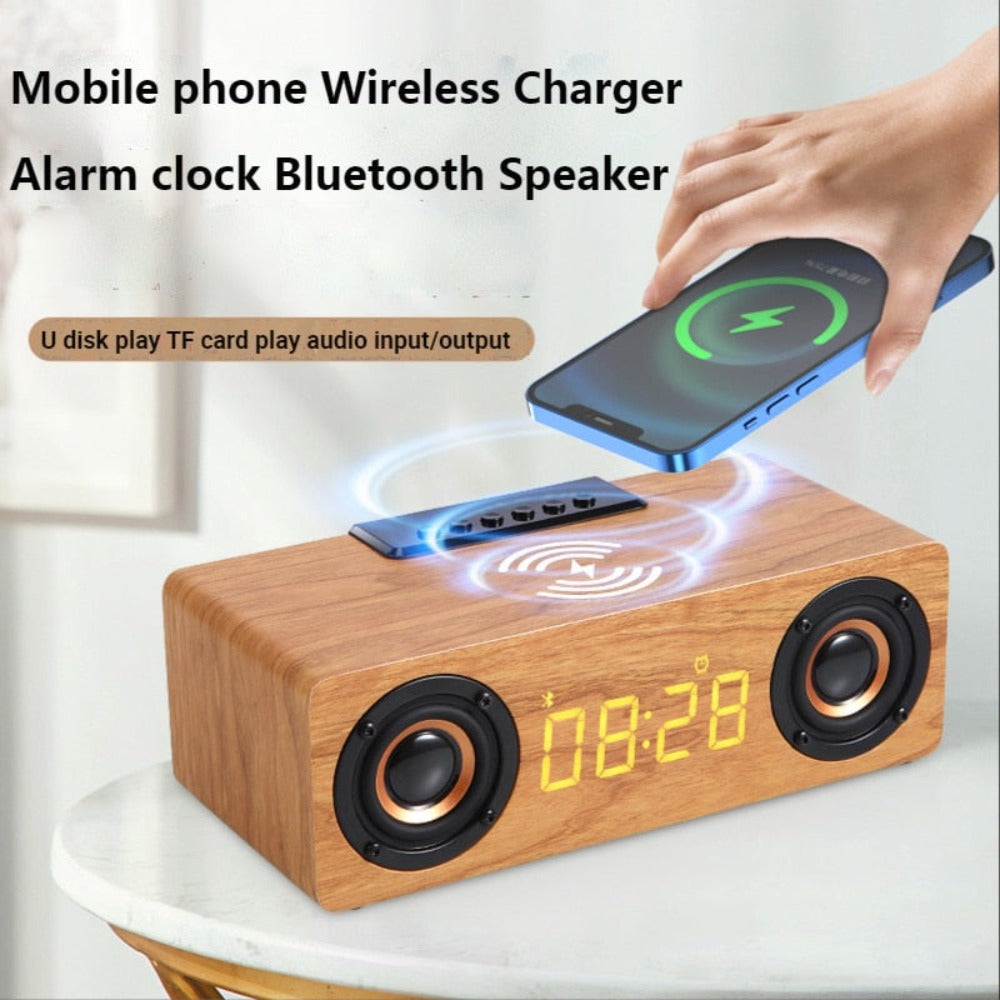 Wooden Retro Theme Wireless Charger Bluetooth Speaker Alarm Clock - Horizon Bliss