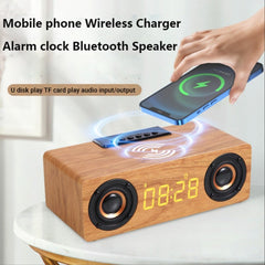 Wooden Retro Theme Wireless Charger Bluetooth Speaker Alarm Clock - Horizon Bliss