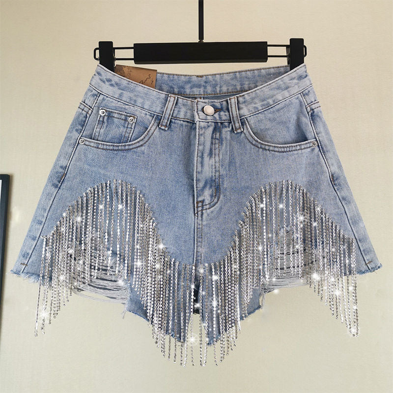 Summer Ripped Jeans Short Femme High Waist Diamond Tassel Y2k Casual - Horizon Bliss