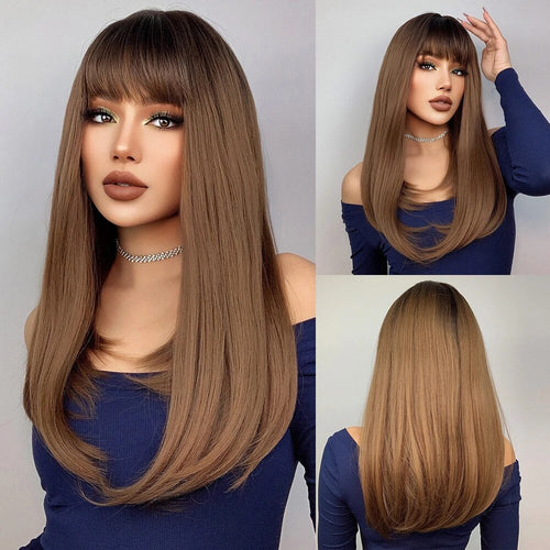 Ombre Red to Black Synthetic Wigs with Bangs Long Straight Layered Wig - Horizon Bliss