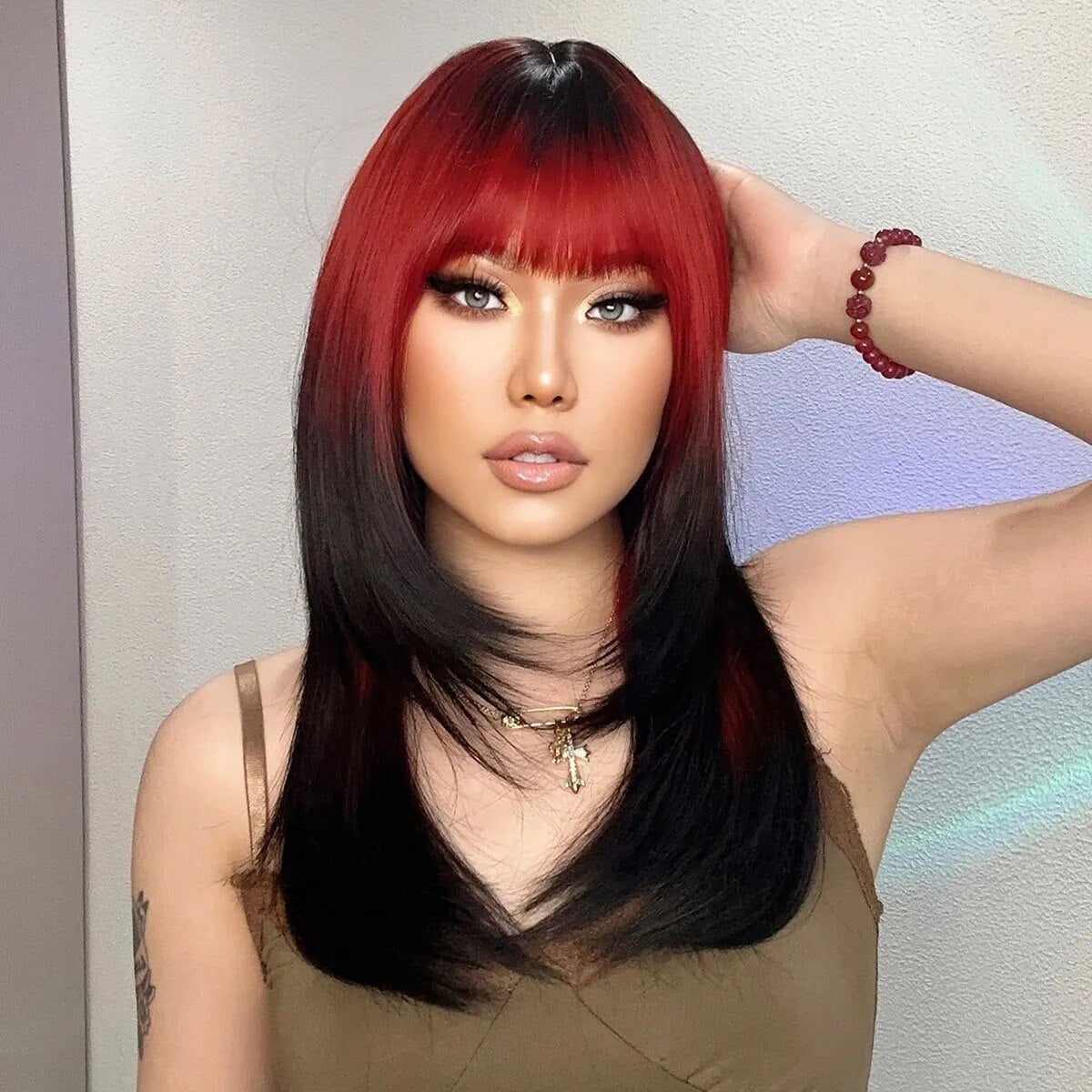 Ombre Red to Black Synthetic Wigs with Bangs Long Straight Layered Wig - Horizon Bliss