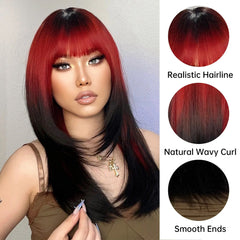 Ombre Red to Black Synthetic Wigs with Bangs Long Straight Layered Wig - Horizon Bliss