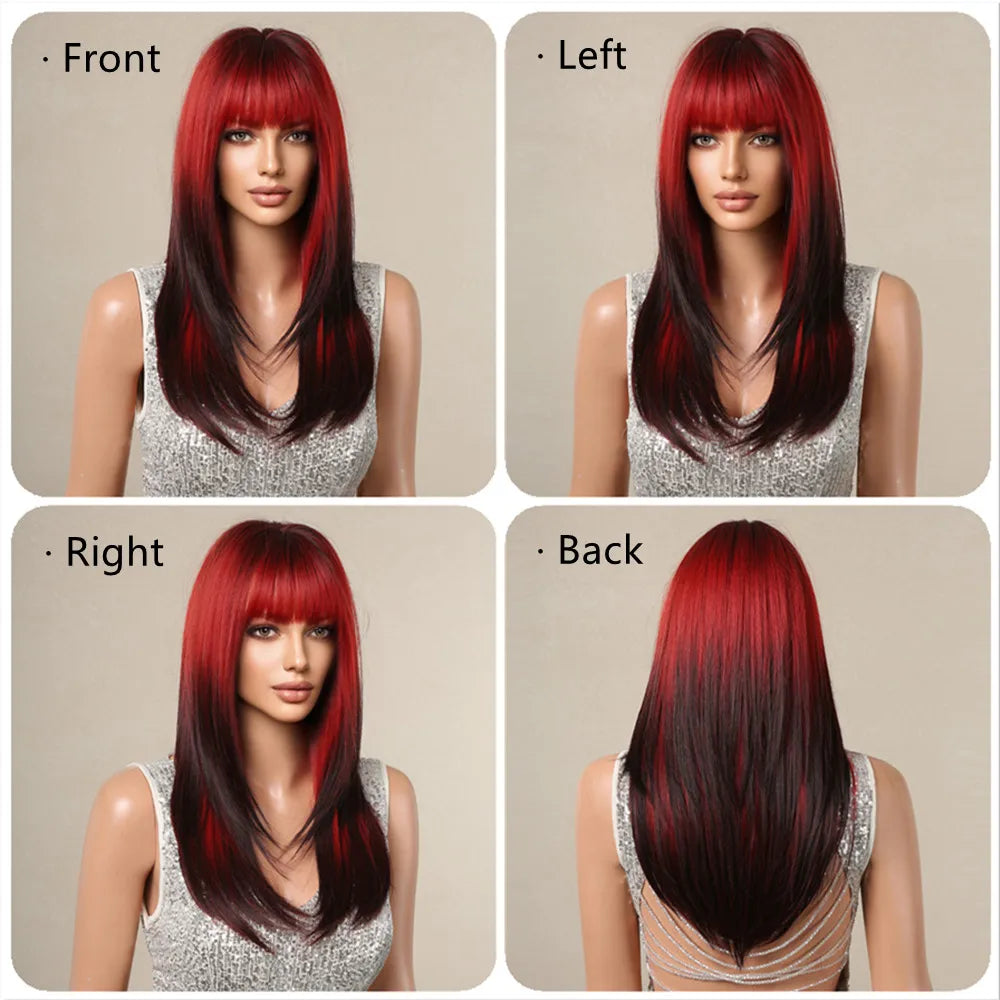 Ombre Red to Black Synthetic Wigs with Bangs Long Straight Layered Wig - Horizon Bliss