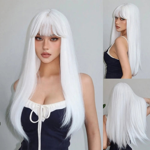 Ombre Red to Black Synthetic Wigs with Bangs Long Straight Layered Wig - Horizon Bliss