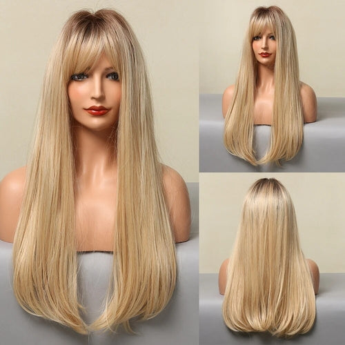 Ombre Red to Black Synthetic Wigs with Bangs Long Straight Layered Wig - Horizon Bliss