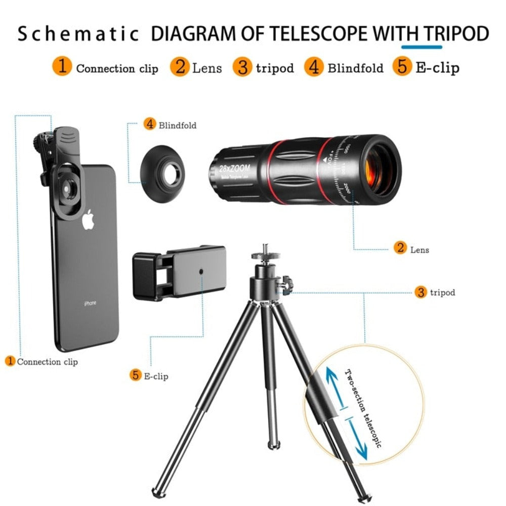 Dragon Bluetooth Ultra HD 28X Zoom Telescope Lens Tripod Kit - Horizon Bliss