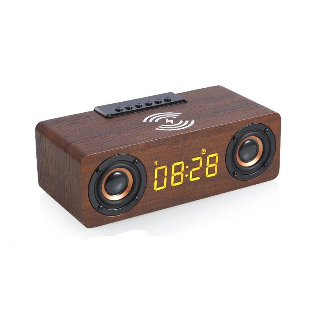 Wooden Retro Theme Wireless Charger Bluetooth Speaker Alarm Clock - Horizon Bliss