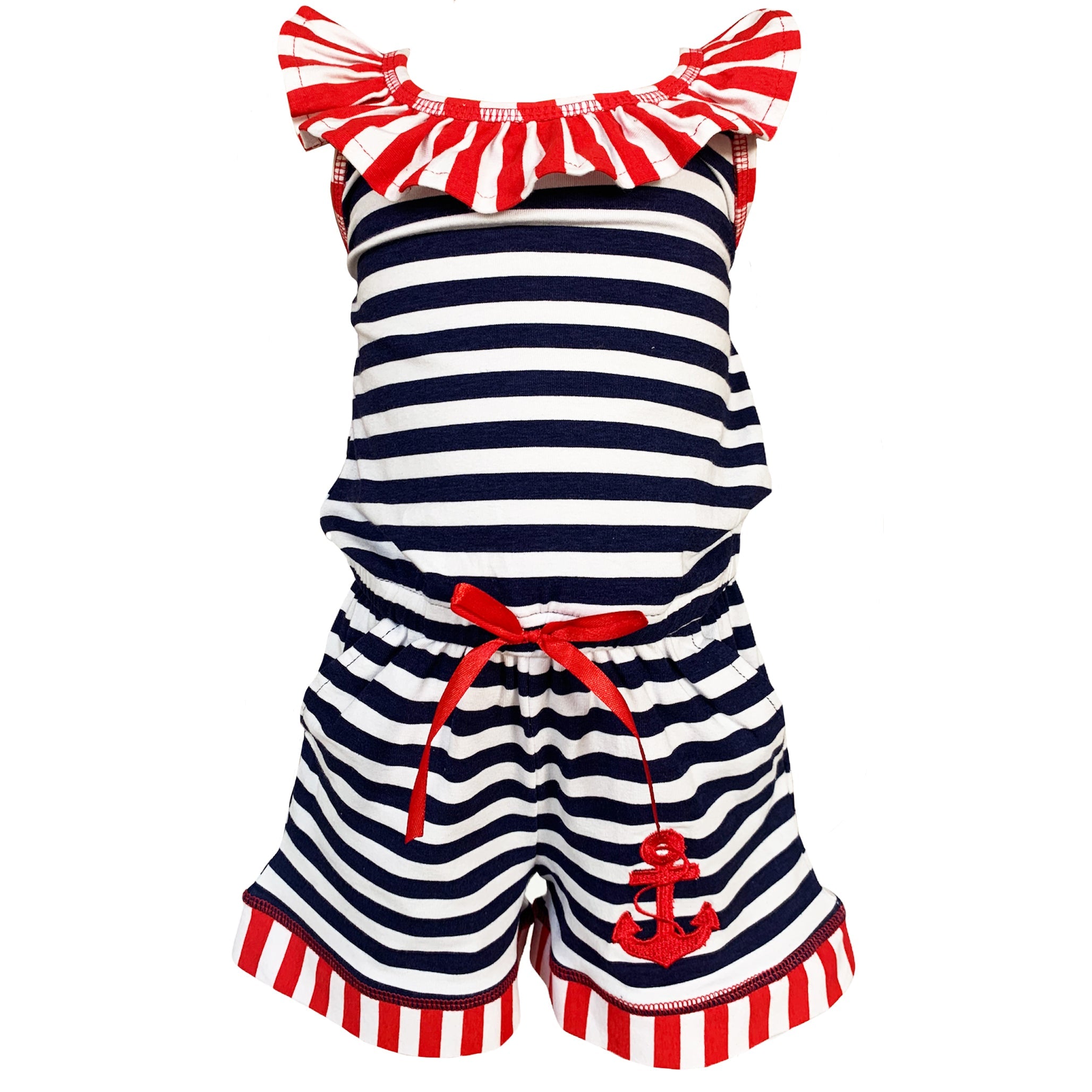 AnnLoren Girls Anchors Away Nautical Jumpsuit Summer Romper - Horizon Bliss