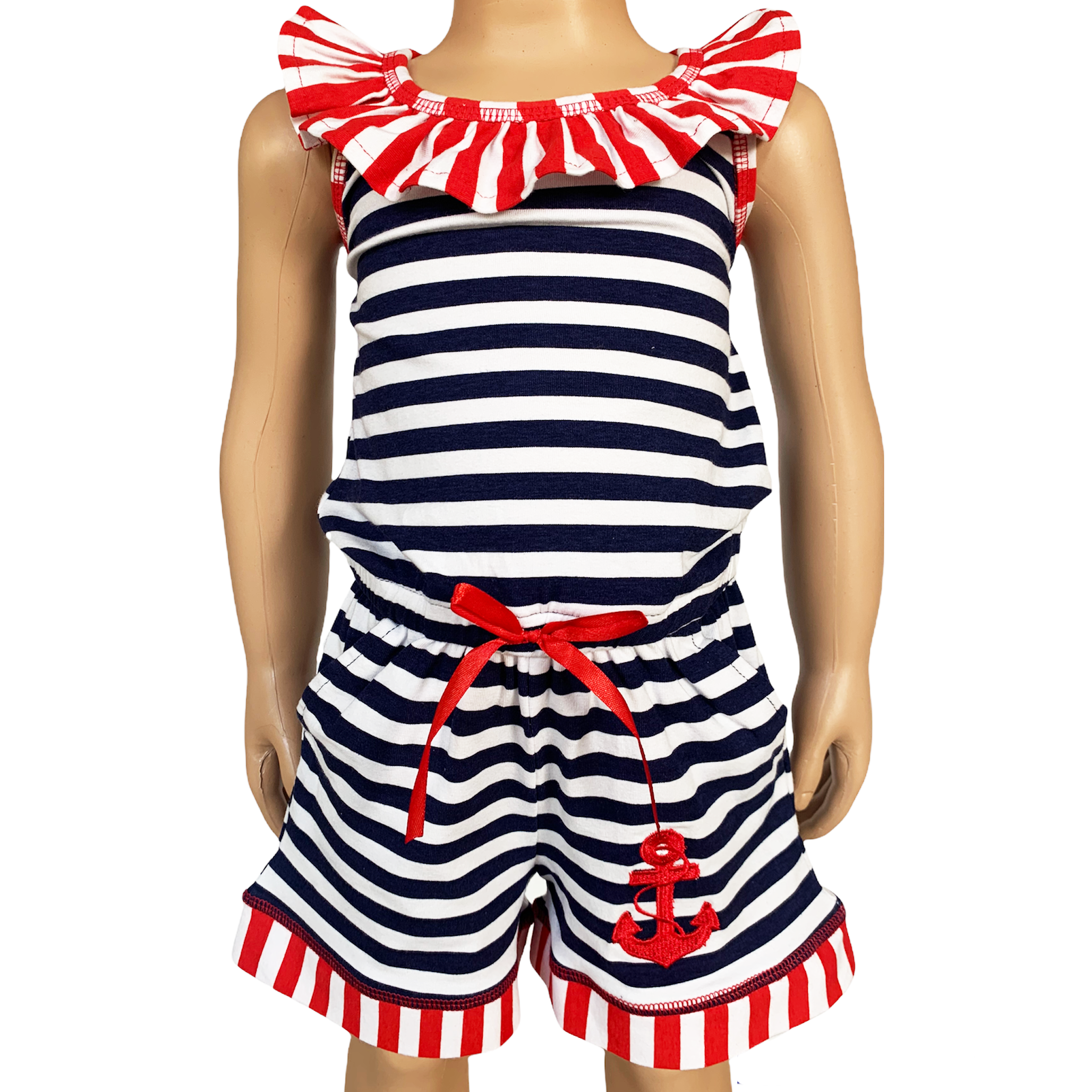 AnnLoren Girls Anchors Away Nautical Jumpsuit Summer Romper - Horizon Bliss