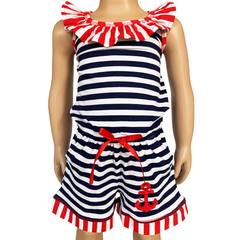 AnnLoren Girls Anchors Away Nautical Jumpsuit Summer Romper - Horizon Bliss