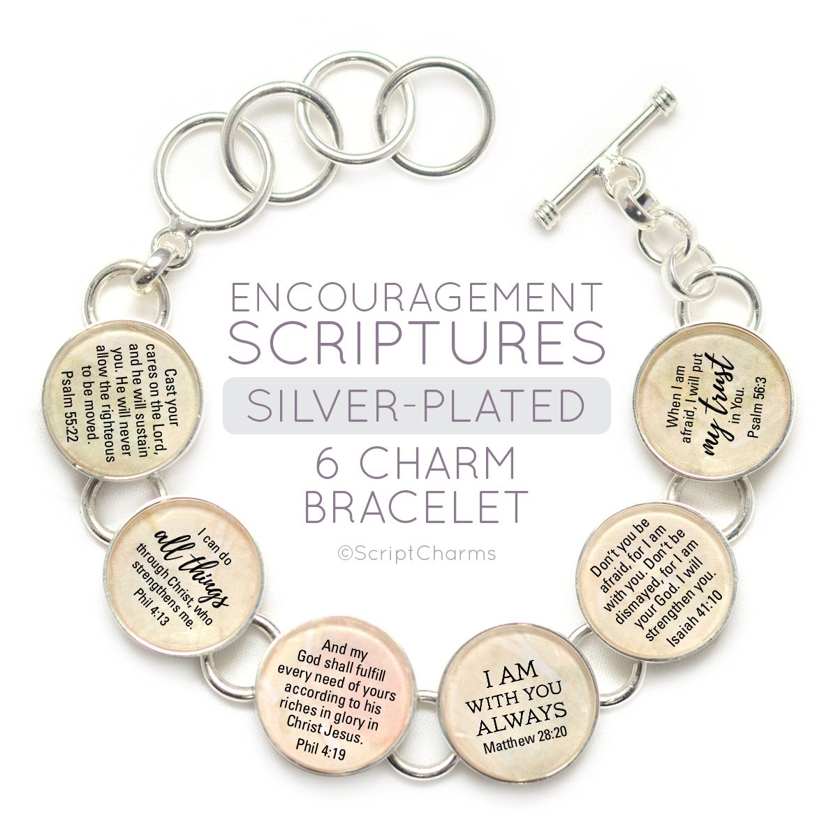 Encouragement Scriptures - Silver-Plated Bible Verse Charm Bracelet - Horizon Bliss