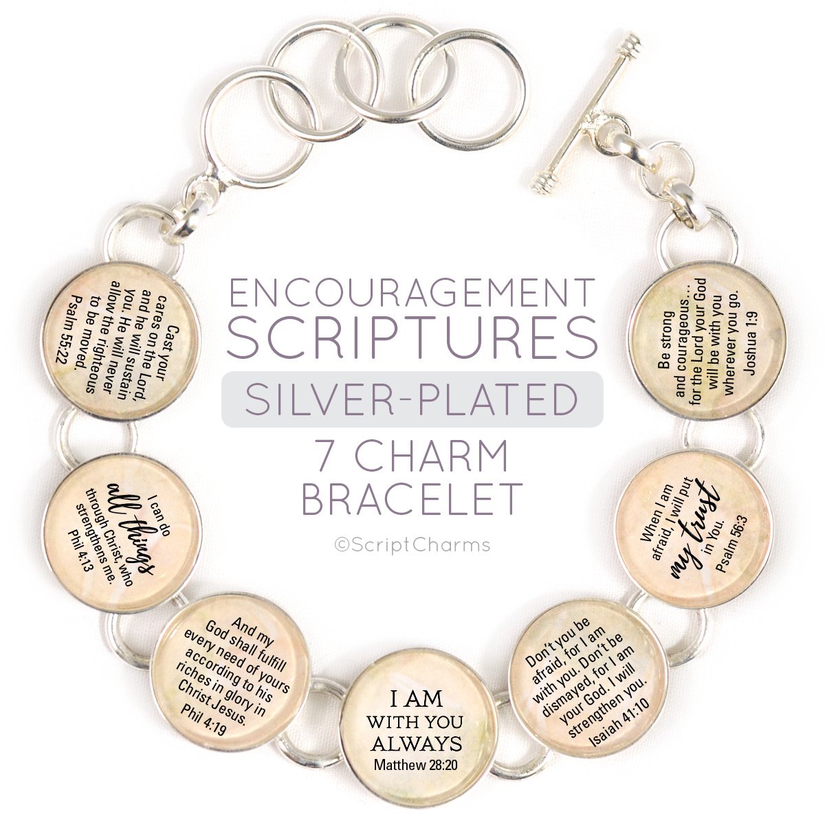 Encouragement Scriptures - Silver-Plated Bible Verse Charm Bracelet - Horizon Bliss